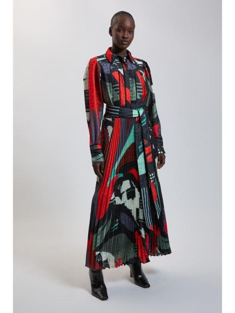 KAREN MILLEN Satin Geo Print Pleated Tie Waist Maxi Dress