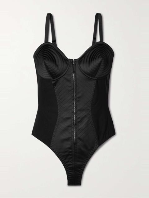 Jean Paul Gaultier Crepe-trimmed quilted satin thong bodysuit