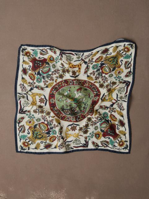 Drake's Ecru Folk Rider Print Wool-Silk Pocket Square