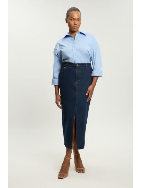 KAREN MILLEN Plus Size Forever Denim 5 Pocket Midi Pencil Skirt