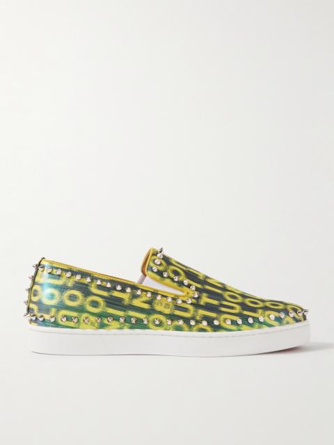 Christian Louboutin Pik Boat Spiked Glittered Logo-Print Canvas Slip-On Sneakers