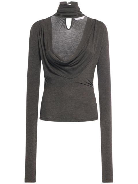 Long sleeve jersey draped t-neck top