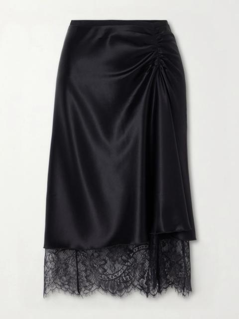 SIR. Ingrid Lace-trimmed Ruched Satin Midi Skirt