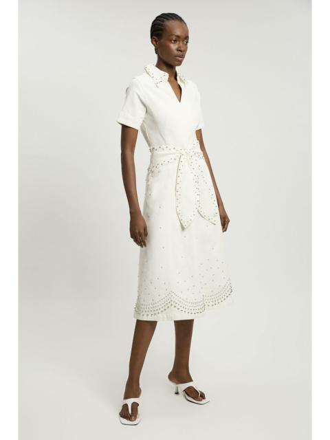 KAREN MILLEN Denim Placed Studs Tie Belted Short Sleeve Full Midi Dress
