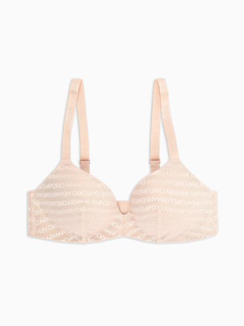 EMPORIO ARMANI ASV padded triangle bra in recycled bonded mesh with all-over logo lettering