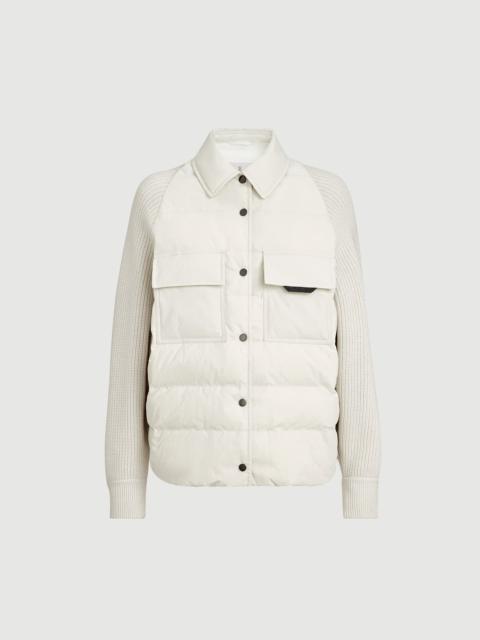 Brunello Cucinelli Water-resistant techno cotton and virgin wool, cashmere and silk knit down jacket with shiny flap de