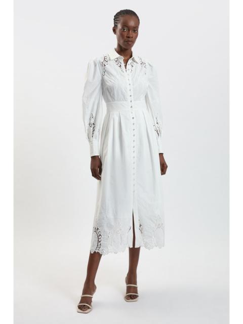 KAREN MILLEN Cotton Cutwork Balloon Sleeve Woven Midi Dress