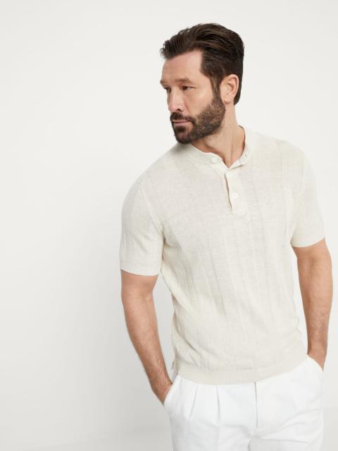 Linen and cotton knit T-shirt with Henley collar