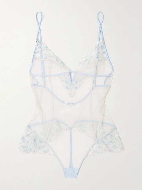 KIKI DE MONTPARNASSE Mathilde silk-blend satin-trimmed embroidered tulle thong bodysuit Ivory
