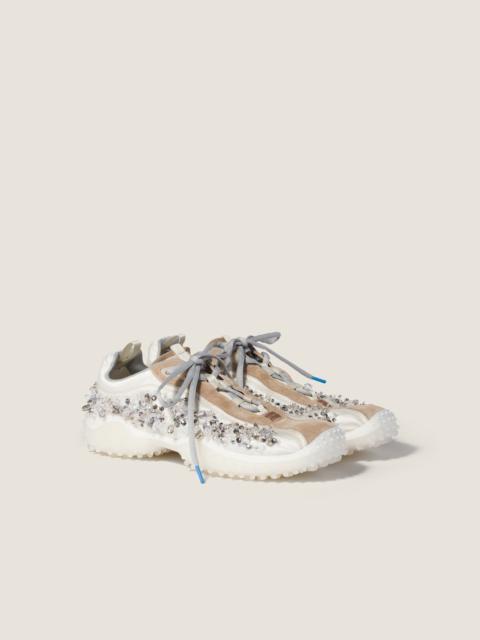 Miu Miu Bubble embroidered technical fabric and suede sneakers