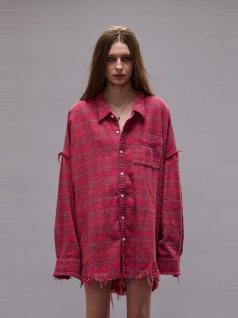 R13 SHREDDED SEAM DROP NECK SHIRT - RASPBERRY OVERDYED PLAID -R13