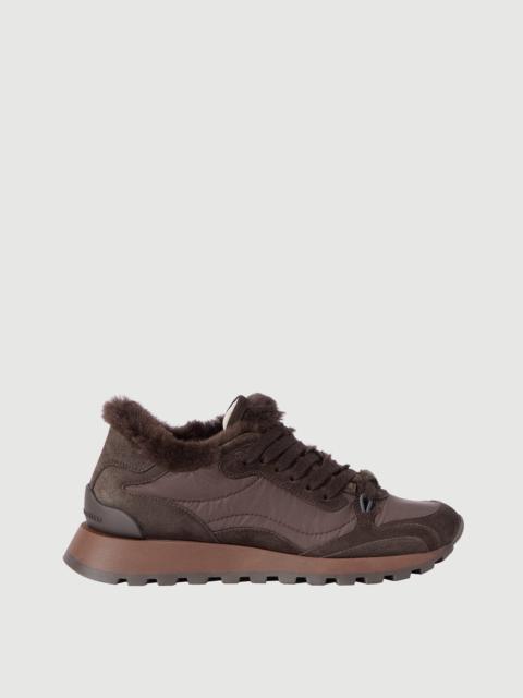 Brunello Cucinelli Suede and techno fabric runners with shearling lining and monili