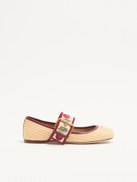 Valentino MARY-JANE BRIBRI RAFFIA BALLERINA WITH CHERRYFIC EMBROIDERY
