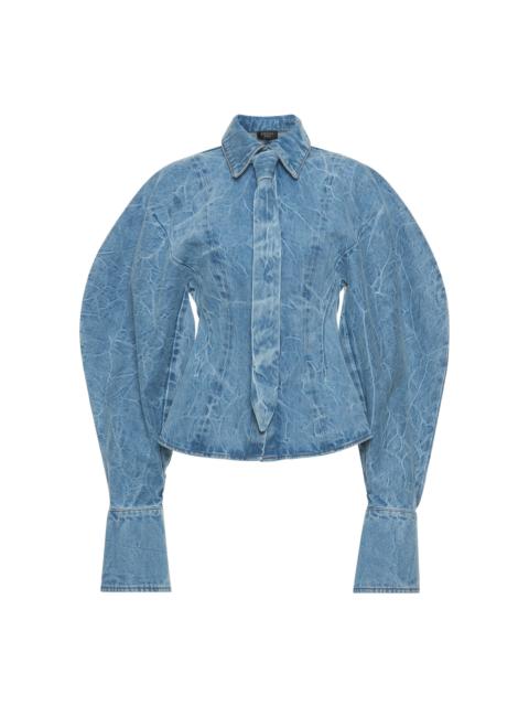 A.W.A.K.E. MODE Tie-Detailed Acid-Washed Denim Shirt medium wash