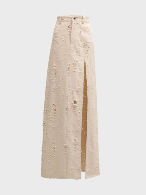 Distressed Denim Side-Slit Maxi Skirt