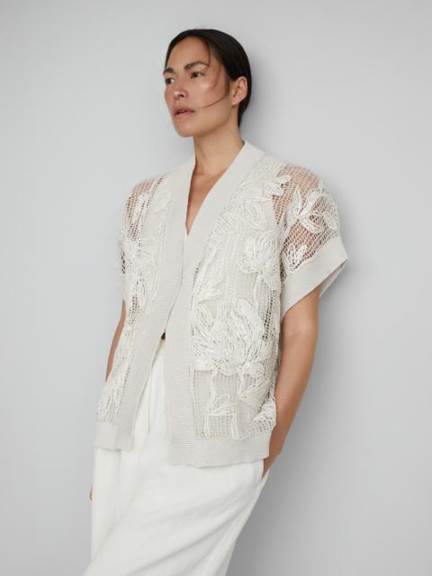 Brunello Cucinelli Cotton net embroidery cardigan with dazzling magnolias