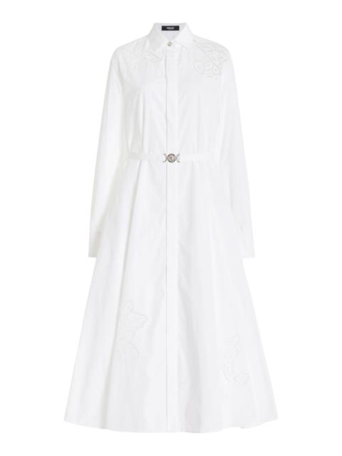 Belted Embroidered Cotton-Poplin Midi Dress white