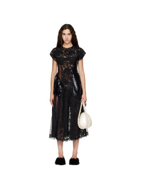 Simone Rocha Black Patchwork Cap Sleeve Ruffle Detail Midi Dress