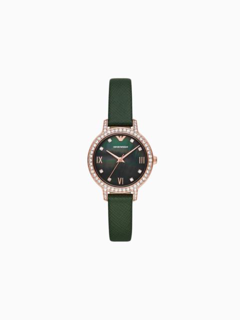 EMPORIO ARMANI THREE-HAND GREEN LEATHER WATCH
