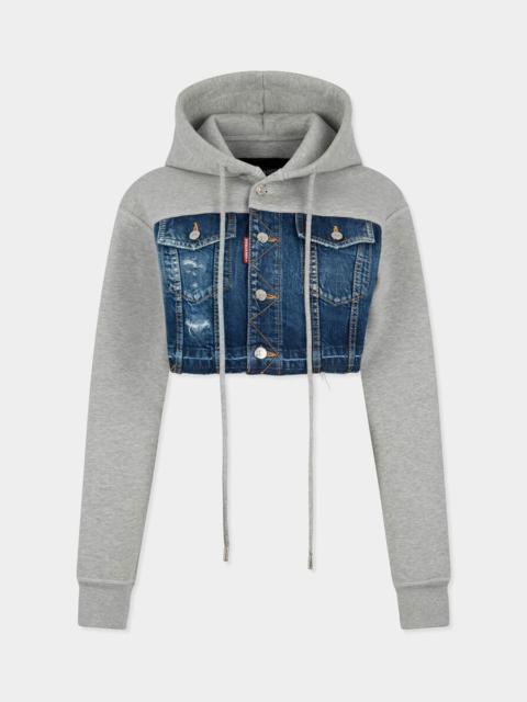 DSQUARED2 MEDIUM RIPPED WASH DENIM MIX CROPPED HYBRID HOODIE