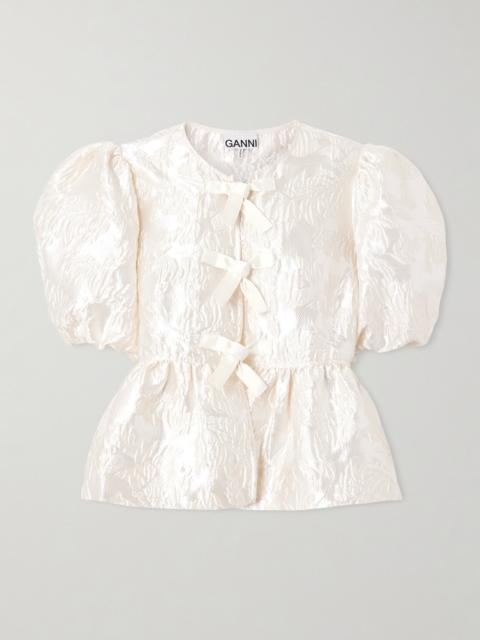 GANNI Bow-detailed Cloqué Peplum Blouse