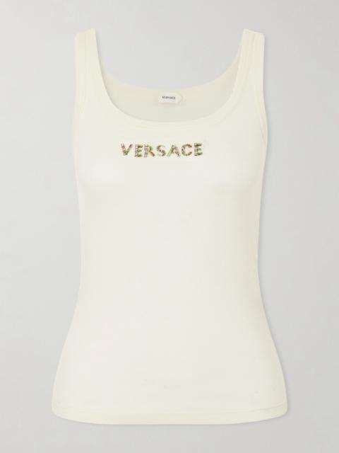 VERSACE Crystal And Bead-embellished Logo-embroidered Wool Tank