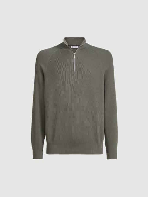Brunello Cucinelli Cotton English rib sweater with half zip and raglan sleeves