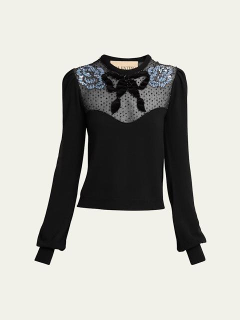Valentino Beaded Floral Sheer Bust Wool Sweater