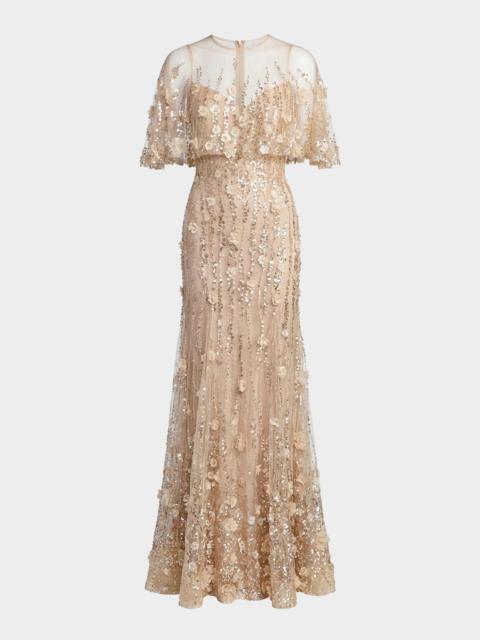 MAC DUGGAL Beaded Chiffon Lace Cape Trumpet Gown