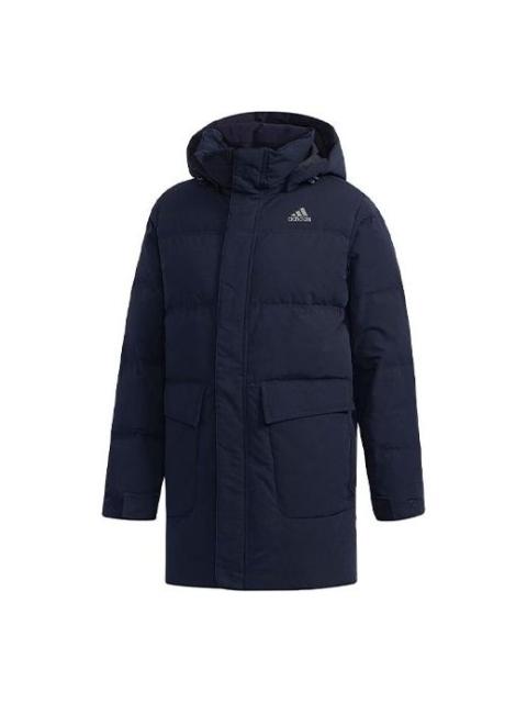 adidas Str Mid Down Solid Color Stay Warm mid-length hooded With Down Feather Jacket Navy Blue CK097