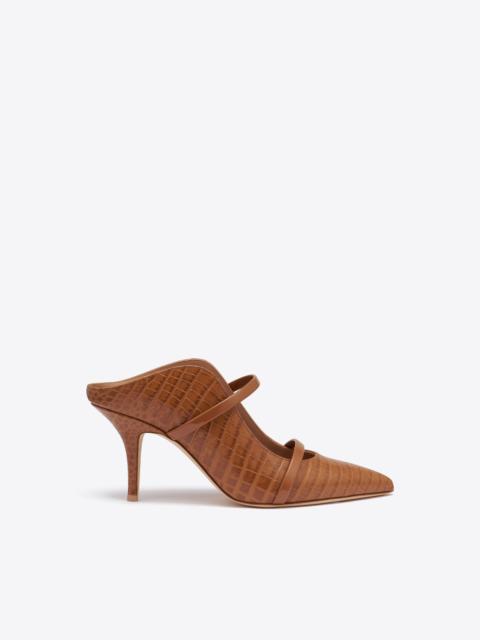 MALONE SOULIERS Maureen 70 Caramel Croc-Embossed Leather Mules