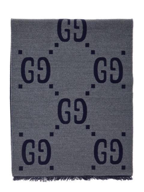 GUCCI Gucci Men Grey Scarf With Fringed Trim And All-Over Gg Motif In Wool For Men