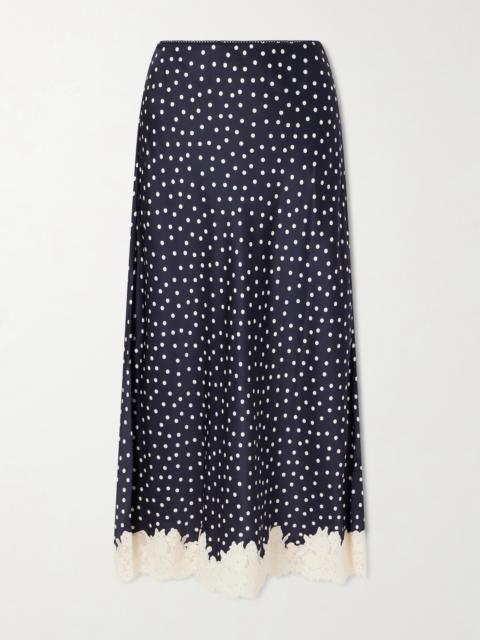 RIXO Matilde Lace-trimmed Polka-dot Satin Midi Skirt