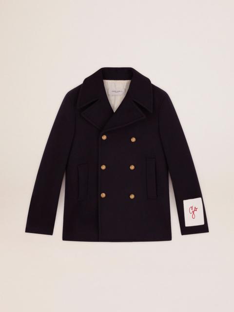 Golden Goose Men's double-breasted coat in dark blue wool with gold buttons