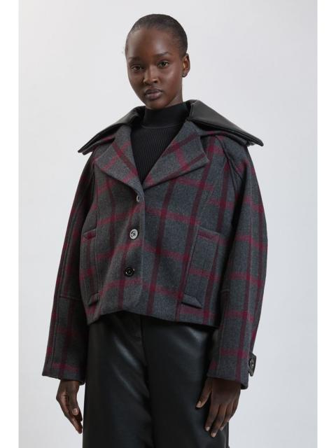 KAREN MILLEN Wool Check & Faux Leather Mix Rounded Coat