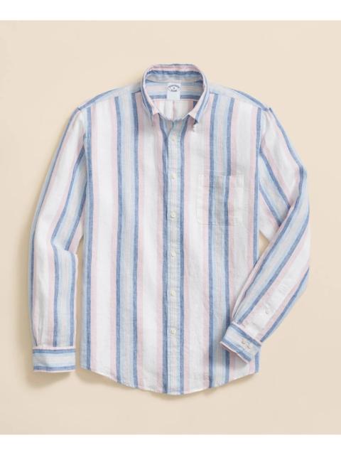 Brooks Brothers Irish Linen Polo Button Down Collar, Awning Stripe Shirt