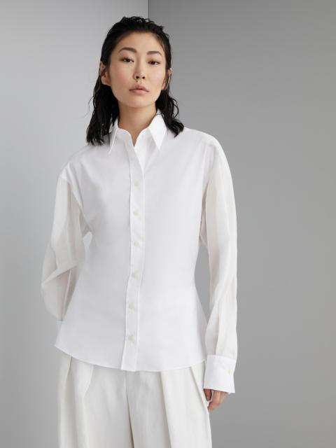 Stretch cotton poplin shirt with cotton organza sleeves and monili