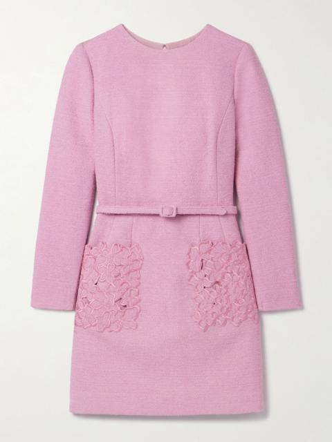 Oscar de la Renta Belted embroidered cotton-blend bouclé-tweed mini dress Pink