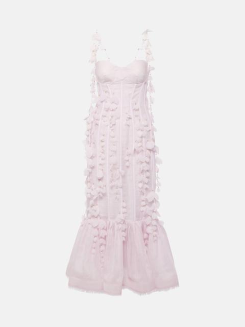 Floral-appliqué linen and silk bustier gown