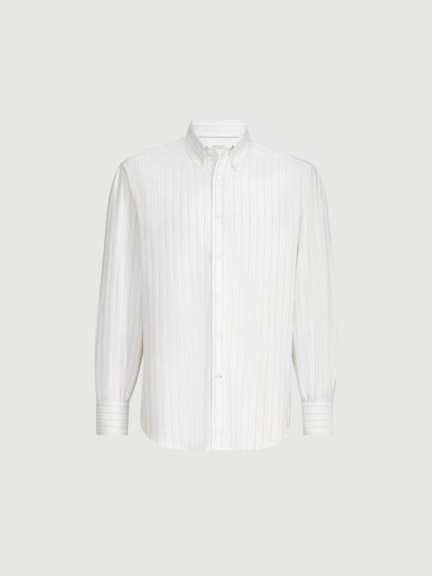 Brunello Cucinelli Cotton textured striped chevron shirt with button-down collar