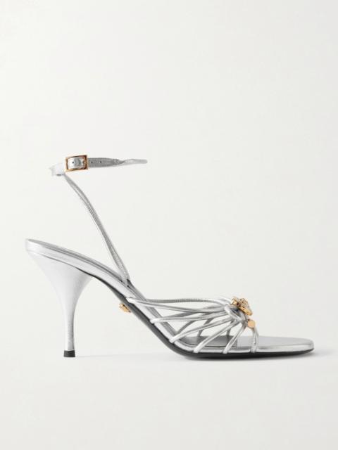 VERSACE Embellished metallic leather sandals Silver