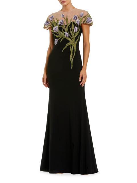 MAC DUGGAL Women's Evening Embroidered Jersey Illusion-Neck Gown - Black Multi