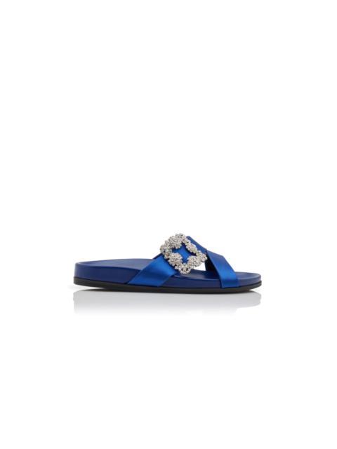 Manolo Blahnik Blue Satin Jewel Buckle Flat Mules