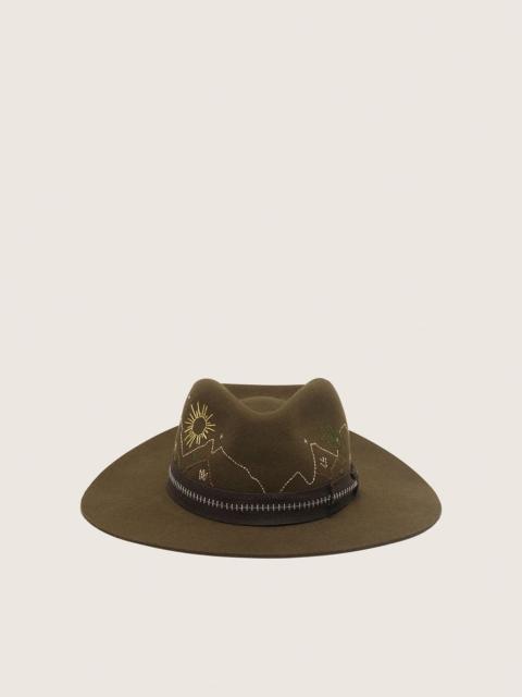 Golden Goose Olive-green fedora hat with brown ribbon and desert-themed embroidery