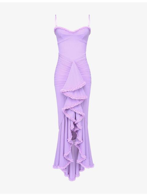 House of CB Gabbi Ruffle-Front Slim-Fit Stretch-Mesh Maxi Dress