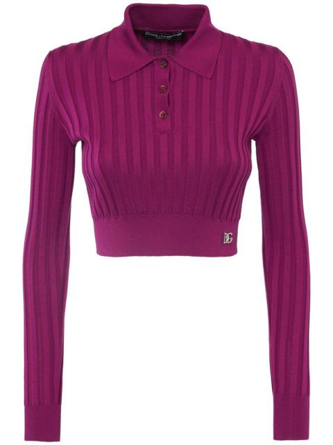 Silk rib knit polo crop sweater
