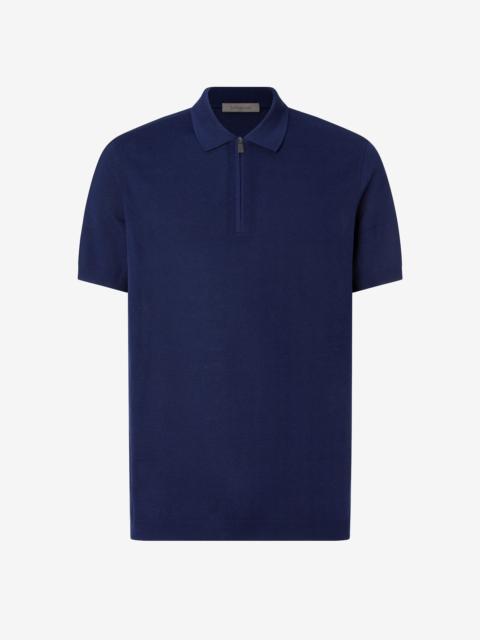 CORNELIANI Zipped blue pure cotton polo shirt