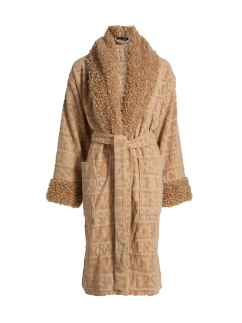 VERSACE Women's Faux Fur-Trim Logo Terry Bathrobe - Camel