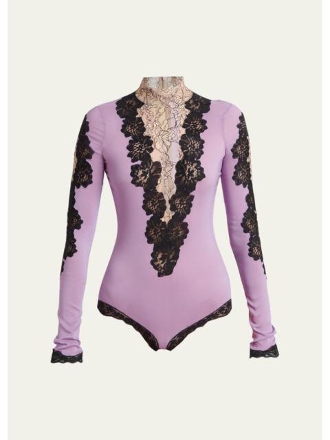 Valentino Lace & Jersey Turtleneck Bodysuit