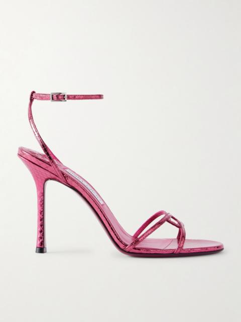 JIMMY CHOO Leo 100 croc-effect metallic-leather sandals Bright pink